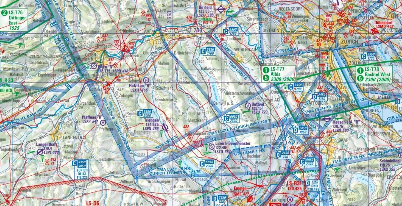 Ausschnitt aus der Segelflugkarte Schweiz mit den Luftraumklassen und Flugzonen für Gleitschirmflieger