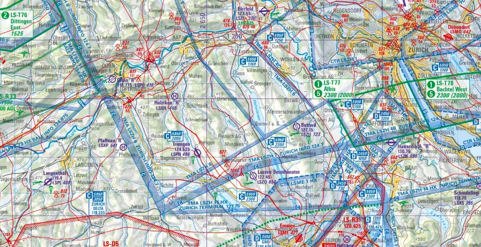 Ausschnitt aus der Segelflugkarte Schweiz mit den Luftraumklassen und Flugzonen für Gleitschirmflieger