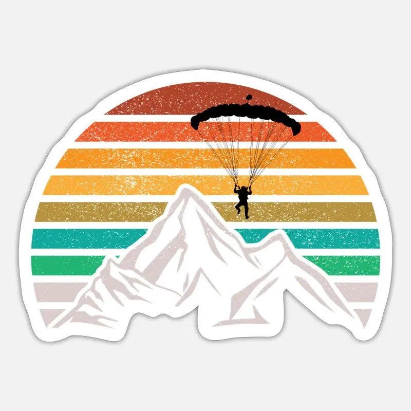 Sticker Paragliding Berge mit Silhouette eines Paragliders über Bergen, ideal für Laptops und Helme, aus langlebigem, wasserfestem Vinyl, leicht entfernbar.