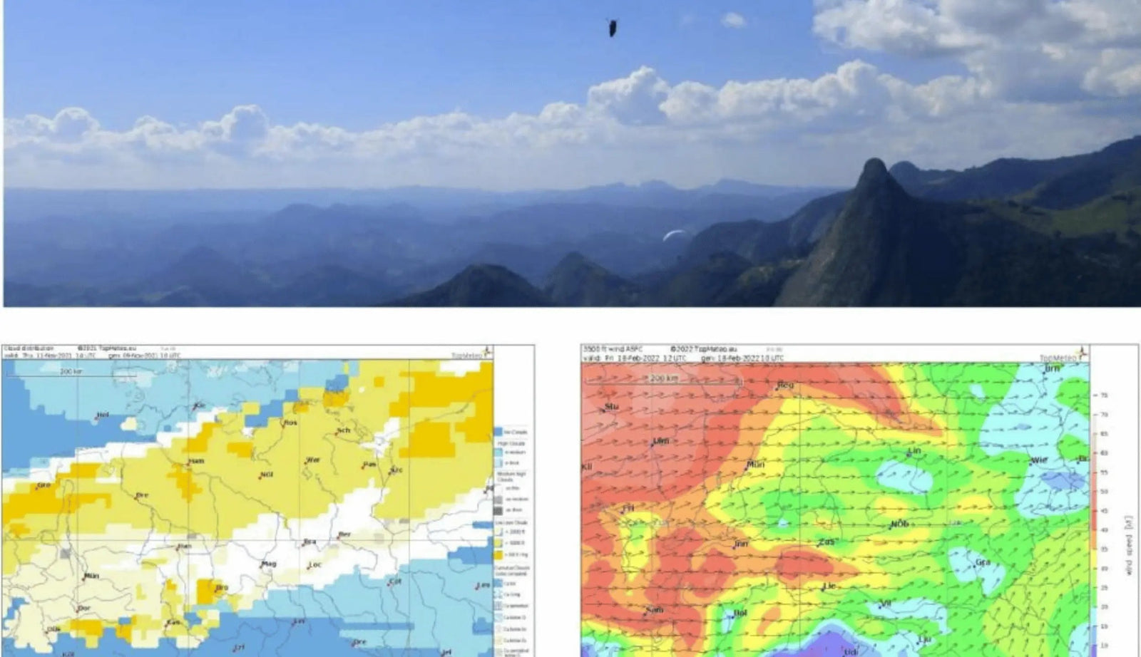 bild für gleitschirm wettercheckliste meteo briefing mit wetterkarten und windkarten und bild mit gleitschirmen