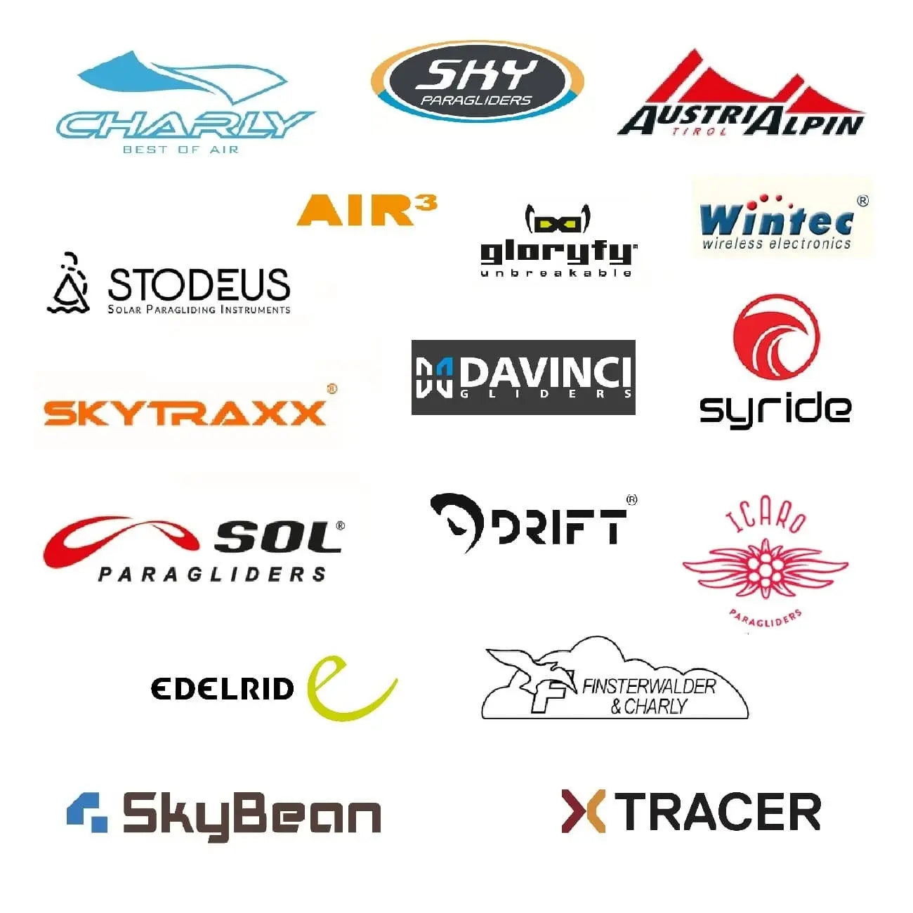 Gleitschirm Marken entdecken bei Paragliding24.ch. Bild mit diversen namhaften Logos von Gleitschirm Herstellern aus aller Welt. Alle erhältlich bei Paragliding24.ch