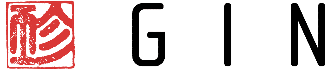 Logo vom Gleitschirm Hersteller GIN gliders mit schwarze schrift und rotem logo davor