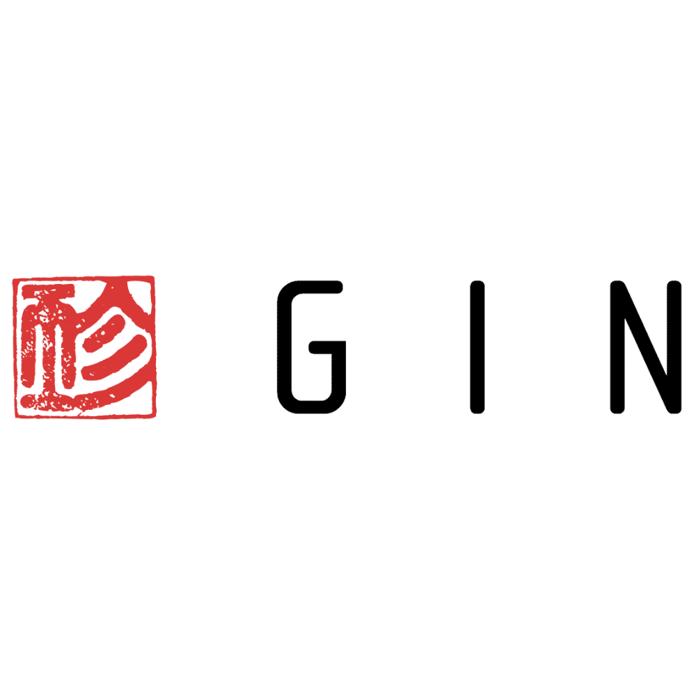 Logo vom Gleitschirm Hersteller GIN gliders mit schwarze schrift und rotem logo davor