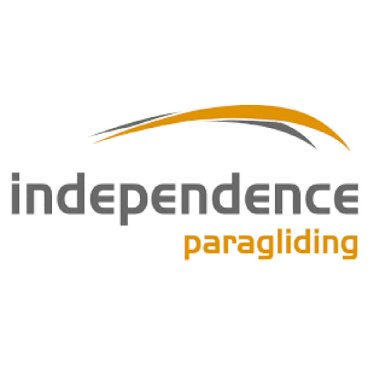 Logo vom Hersteller Independence Paragliding in grauer und gelber Schrift mit grau gelbem Schirm darüber
