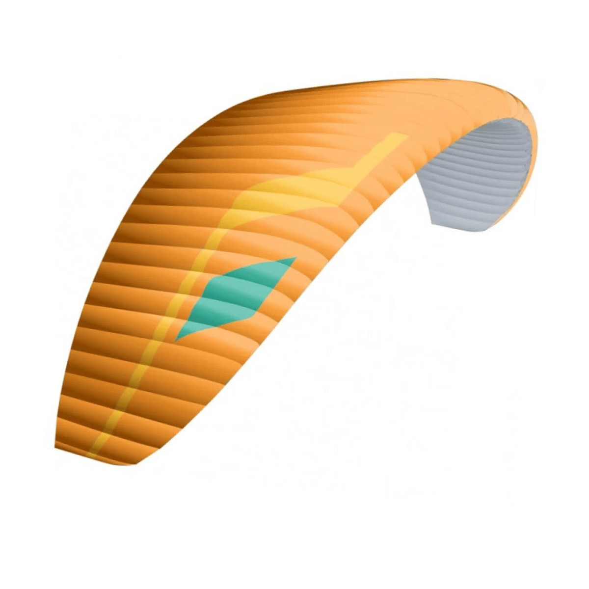 Kollektionsbild für die gleitschirm mid en b Klasse. Das Bild zeigt einen orangen Gleitschirm mit gelben uns grünen streifen