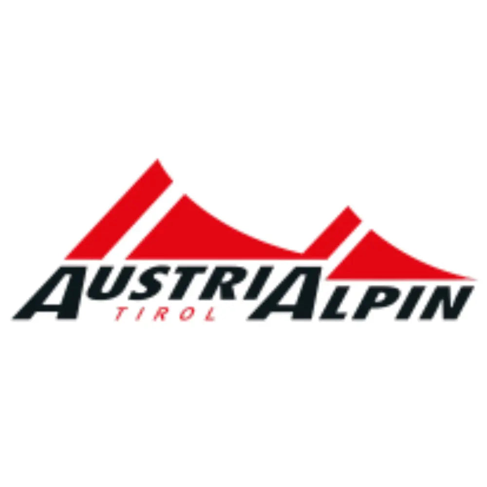 Logo vom outdoor Hersteller Austrialpin in schwarzer schrift mit rotem Hintergrund