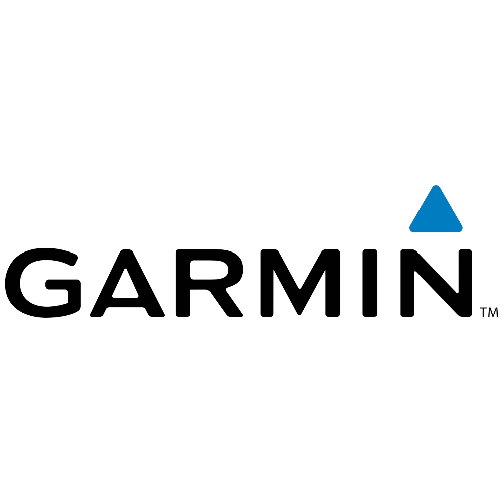 Logo vom Hersteller Garmin fuer Satellitenkommunikation und Sport Uhren logo in schwarze schrift mit blauem dreieck ueber dem N
