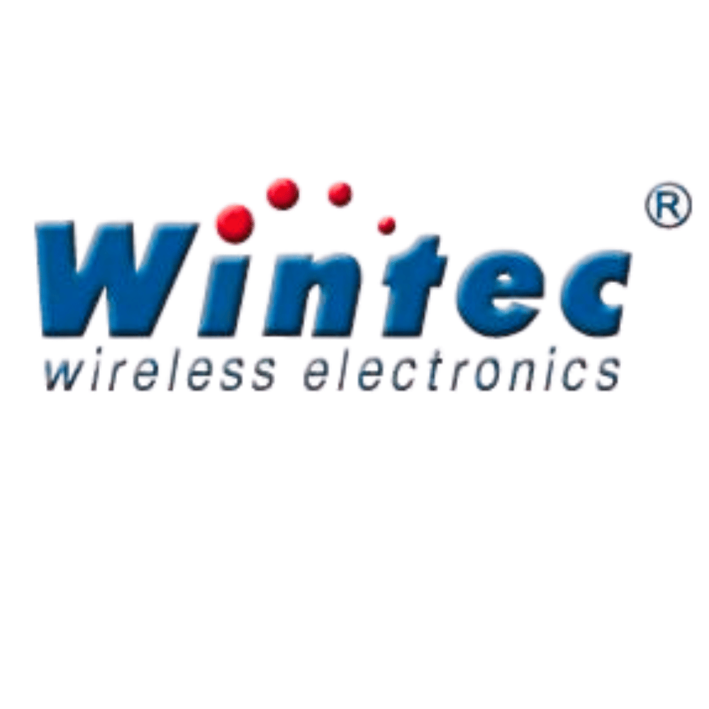 Logo vom Hersteller Wintec Funkgeräte in blauer Schrift mit roten Punkten darüber