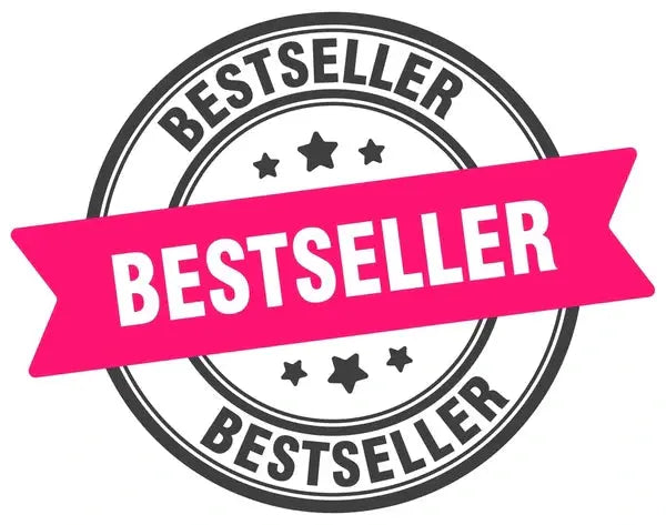 Bestseller logo für shop kategorie rund in schwarzer schrift und pinkem bestseller schild