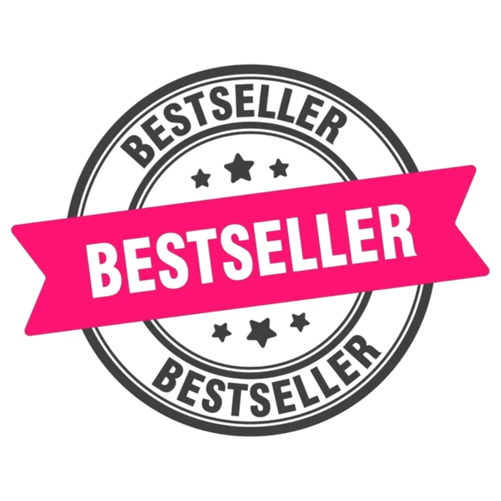 Bestseller logo für shop kategorie rund in schwarzer schrift und pinkem bestseller schild