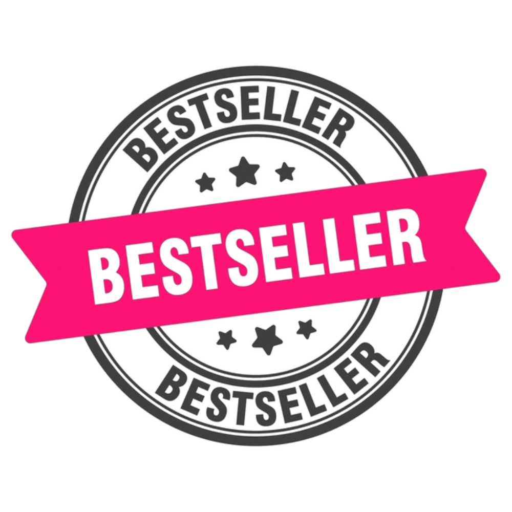 Bestseller logo für shop kategorie rund in schwarzer schrift und pinkem bestseller schild