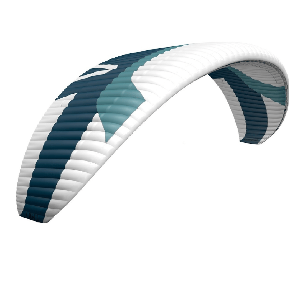 Kollektionsbild für Gleitschirm High EN-B. Bild zeigt einen weissen Gleitschirm mit dunkelblauen und türkisenen Streifen