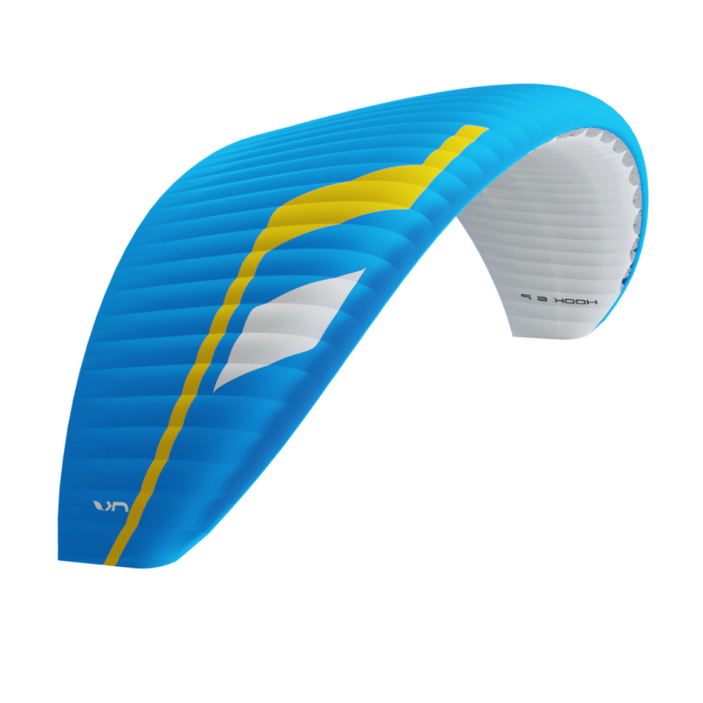 Kollektionsbild für Gleitschirme der Low-EN-B Klasse. Das Bild zeigt einen Blauen Gleitschirm mit gelben und weissen Streifen