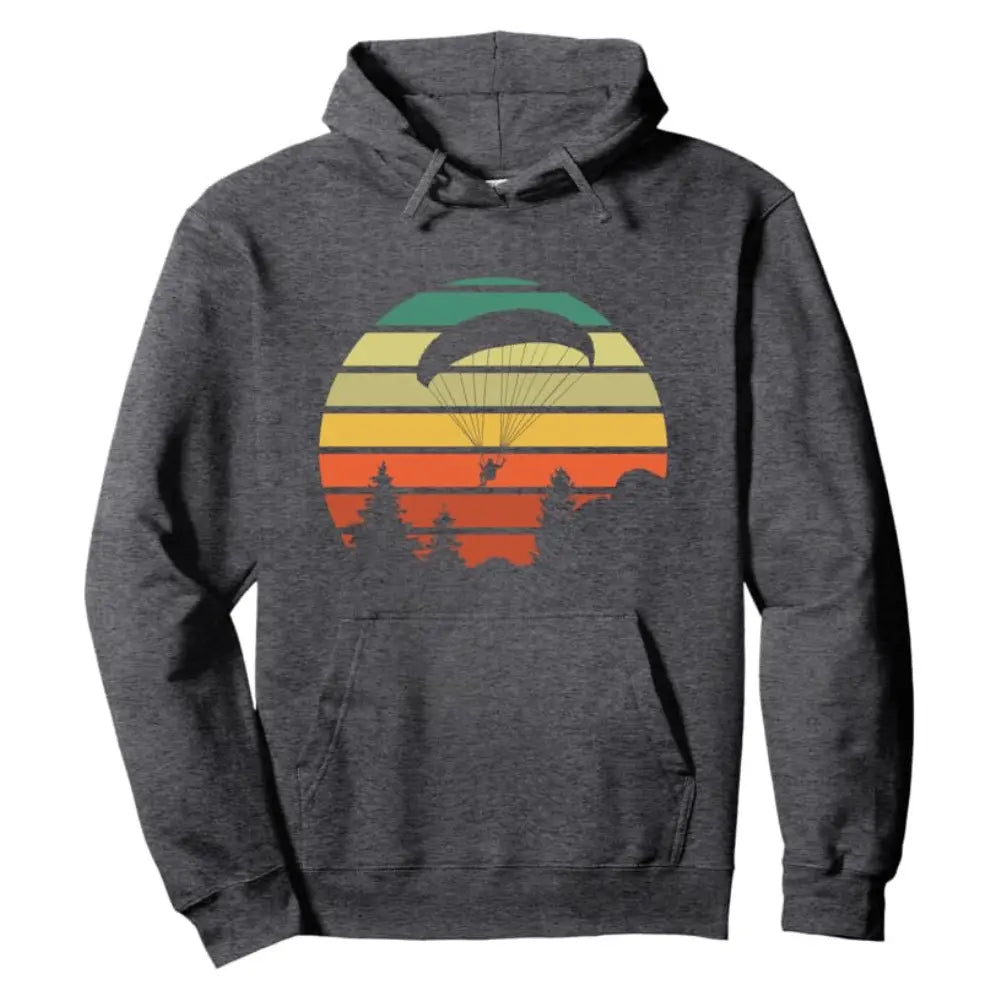 Kollektionsbild für Gleitschirm Hoodies. das Bild zeigt einen Anthrazit melierten Hoodie mit Gleitschirm Motiv