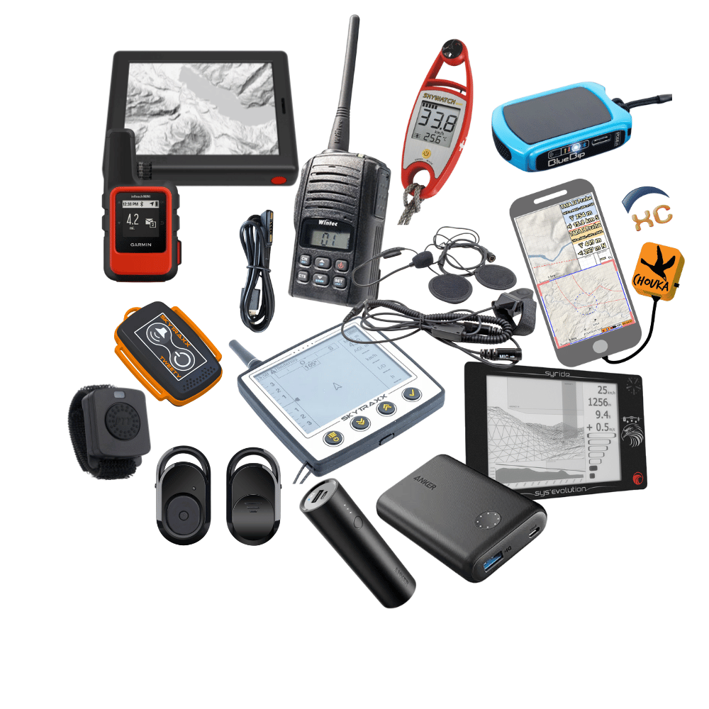 produkt kollektionsbild fuer gleitschirm flugelektronik und zubehoer zum gleitschirmfliegen. das bild zeigt diverse verschiedene elektronische geraete wie fungeraete, variometer, kabel, powerbank, windmeser, satellitenkommunikation, zello button usw