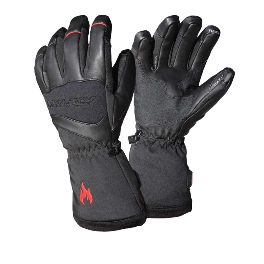 kollektionsbild fuer gleitschirm handschuhe und heizhandschuhe. Die handschuhe haben ein besonders gutes tastgefuel und grip speziell zum gleitschirmfliegen. Das Bild zeigt Heizhandschuhe der Marke Charly in Schwarz