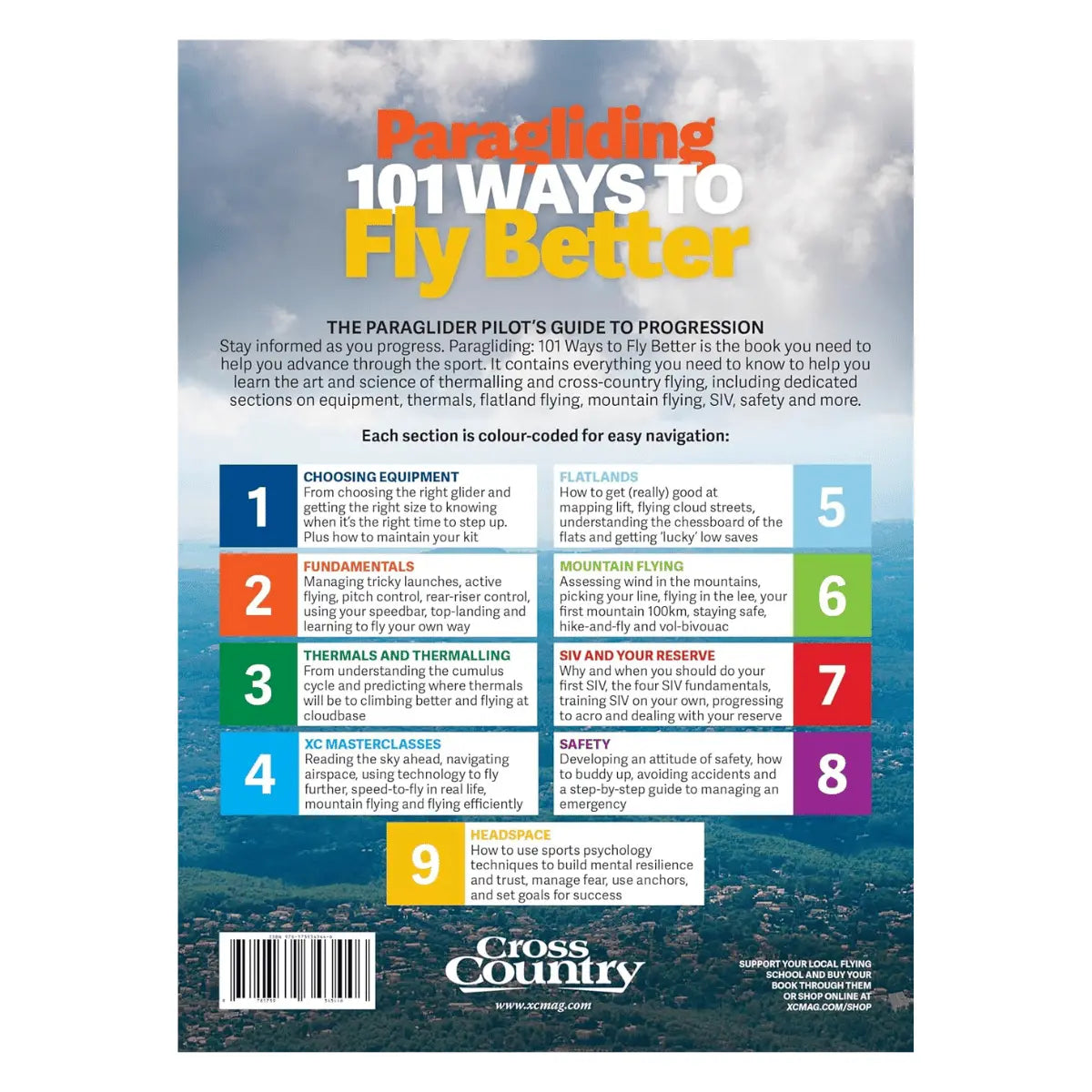Buchcover "101 Ways to Fly Better" von Bruce Goldsmith und Théo de Blic, das die wichtigsten Lektionen für Gleitschirmpiloten in sechs farbcodierten Abschnitten darstellt.