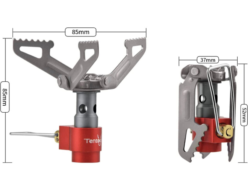 Gaskocher Aufsatz ultraleicht 25g Titan, detailreiche Nahaufnahme zeigt den hochwertigen, effizienten Titanbrenner mit regulierbarer Flamme für optimales Outdoor-Kochen.