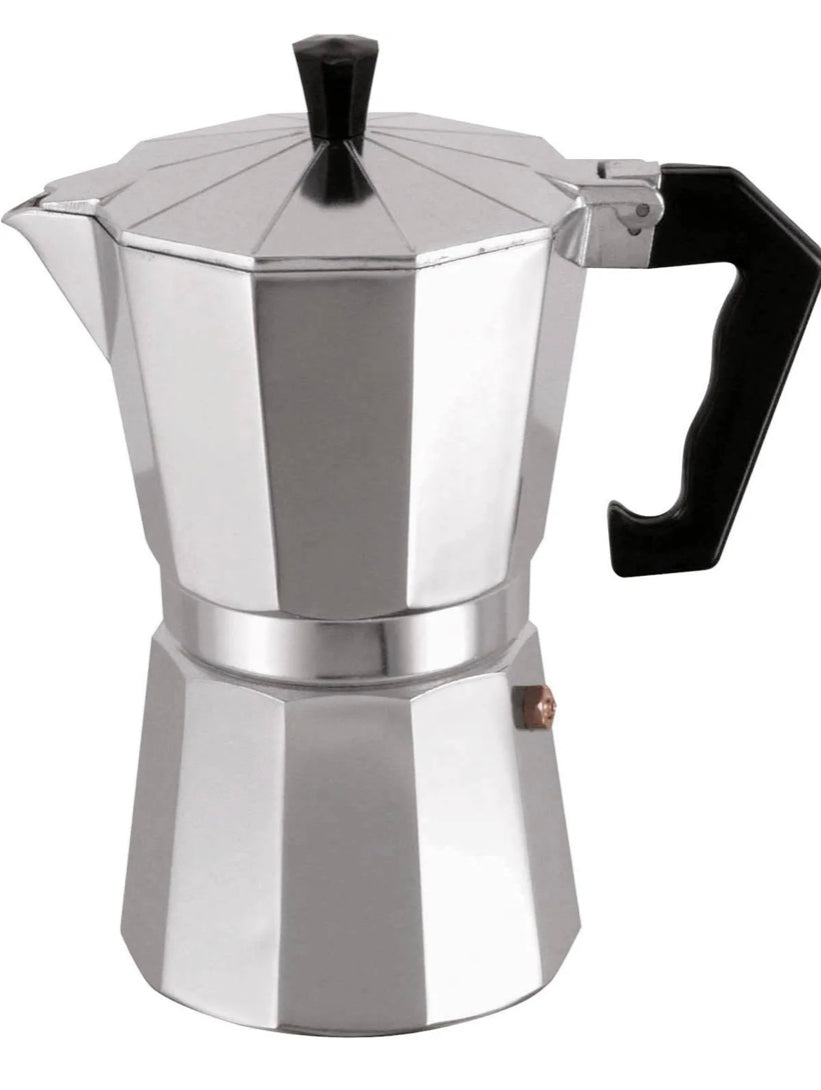 Espressokocher Outdoor Alu, 300ml, mit schwarzem Griff; klassisches Design, für 6 Tassen Espresso. Perfekt für Camping und vielseitige Herdarten, außer Induktion.