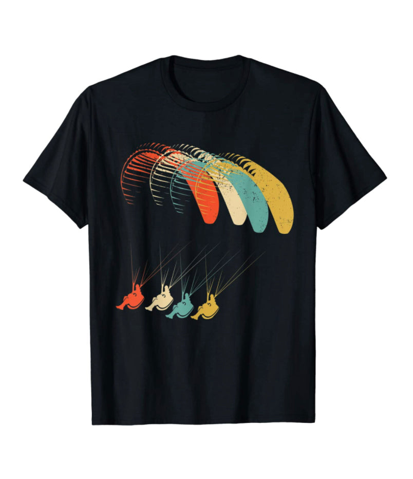 Paragliding T-Shirt Vintage mit buntem Design, ideal für Gleitschirmflieger. Perfekt für Piloten und Sportbegeisterte. Klassischer Schnitt aus 100% Baumwolle.