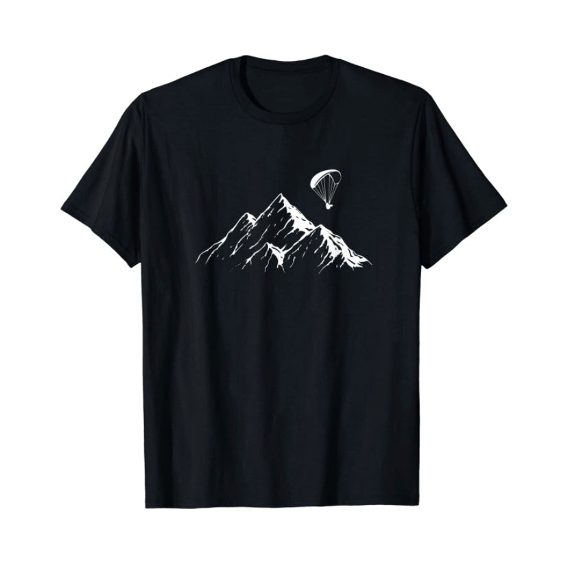 Paragliding T-Shirt Mountain mit weißem Berg- und Fallschirm-Design, ideal für Gleitschirmflieger. Perfekt für Paragliding-Enthusiasten und als Geschenk.