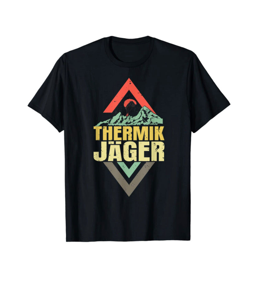 Paragliding T-Shirt Thermik Jäger mit Grafikdesign eines Mannes beim Paragliden; ideal für Gleitschirmflieger, aus 100% Baumwolle, klassisch geschnitten.