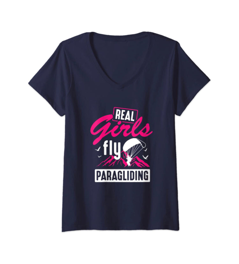 Paragliding T-Shirt Real Girls V-Neck Damen, speziell für weibliche Gleitschirmflieger, mit V-Ausschnitt und Paragliding-Design, ideal für Pilotinnen und Sportliebhaberinnen.