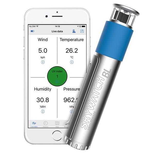 Skywatch BL500 Wetterstation mit Smartphone-Verbindung, zeigt präzise Windgeschwindigkeit, Temperatur und mehr, ideal für Gleitschirmflieger.