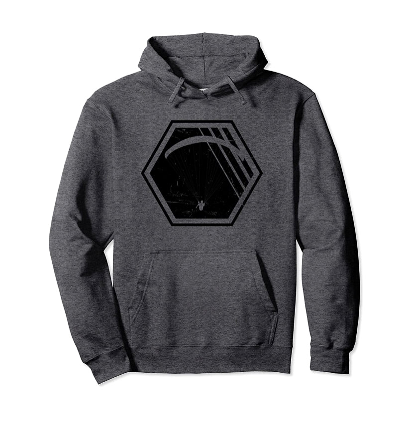 Paragliding Hoodie Vantage mit schwarzem Hexagon und Paraglider-Logo, ideal für Gleitschirmpiloten. Perfekt für Flüge, hochwertig und unisex.