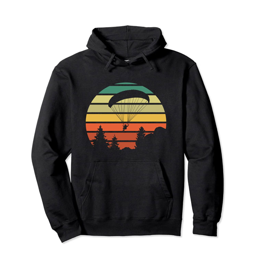 Paragliding Hoodie Retro mit farbigem Gleitschirm-Design, ideal für Gleitschirmflieger, in hochwertiger Verarbeitung, klassisch geschnitten mit Kapuze.