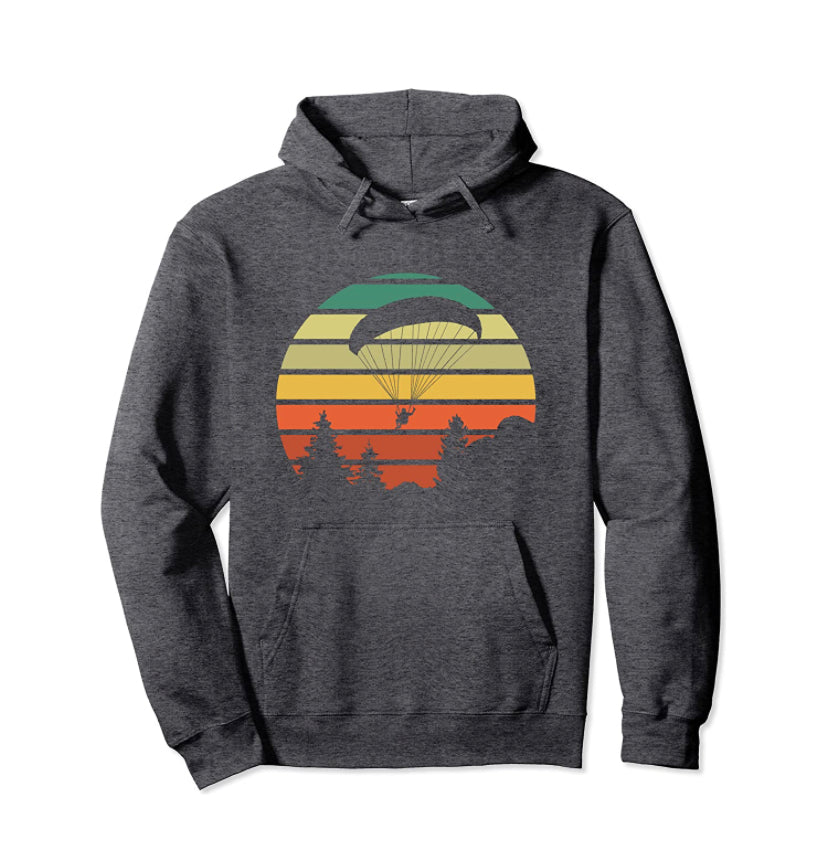 Paragliding Hoodie Retro mit farbigem Gleitschirm-Design, ideal für Gleitschirmflieger, in hochwertiger Verarbeitung, klassisch geschnitten mit Kapuze.