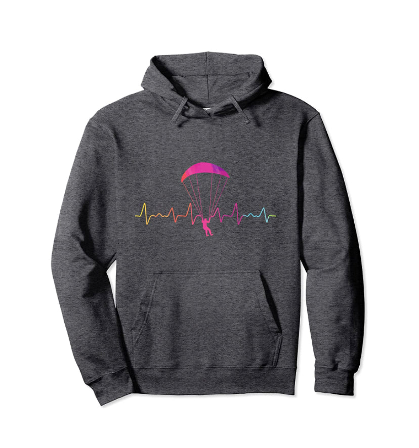 Paragliding Damen Hoodie Herzlinie mit pinkem Fallschirm- und Herzliniendesign, ideal für Gleitschirmfliegerinnen. Hochwertiger Hoodie von Paragliding24.ch.