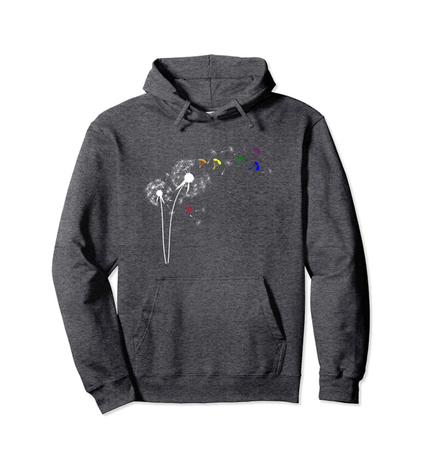 Grauer Paragliding Hoodie Pusteblume mit Dandelion-Motiv, perfekt für Gleitschirmflieger. Ideal für Herren und Damen, hochwertige Qualität.