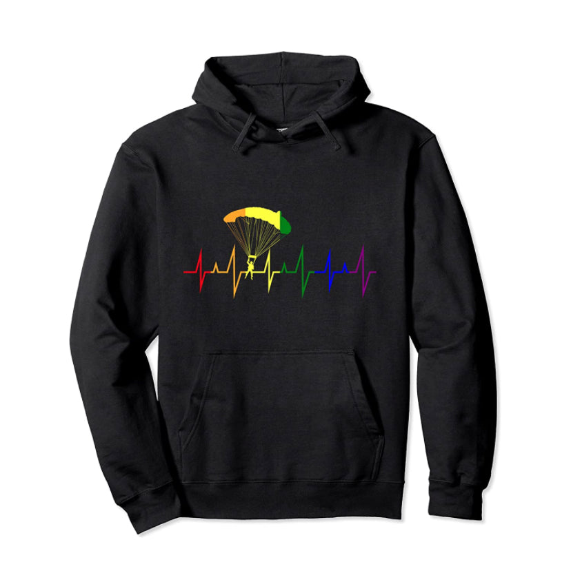 Paragliding Hoodie Herzlinie mit Regenbogen-Paragliding-Motiv; ideal für Gleitschirmflieger, unisex Premium-Qualität.