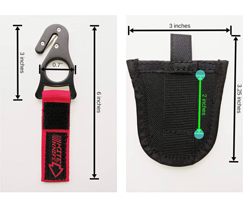 Sicherheits- und Rettungsmesser KiteKnife mit schwarzem Griff, rotem Band, Fingerloch und praktischer Tasche für Paragliding-Notfälle.