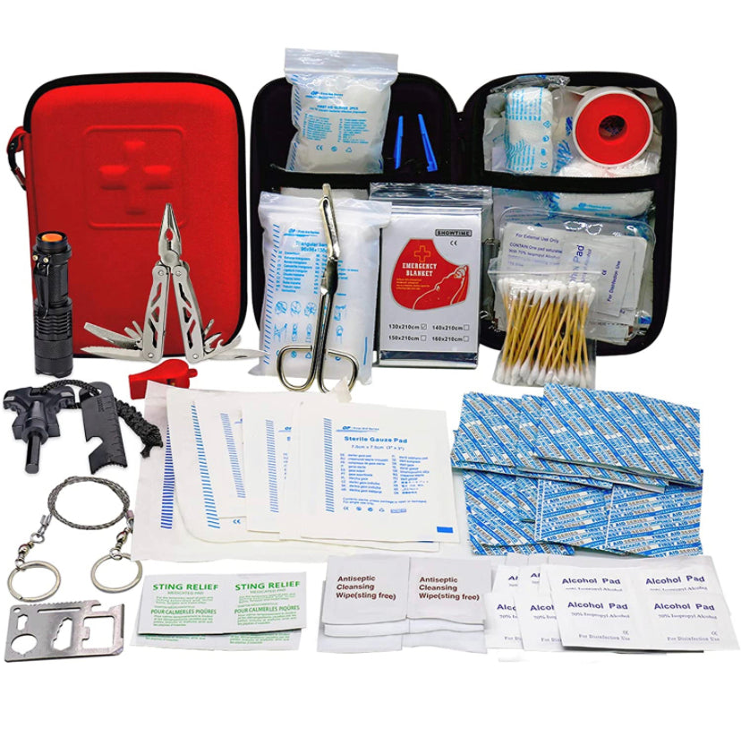 Gleitschirm Erste Hilfe Set & Survival Kit mit 130 medizinischen Hilfsmitteln, inklusive Taschenlampe, ideal für Outdoor-Abenteuer und Notsituationen, kompakt und tragbar.