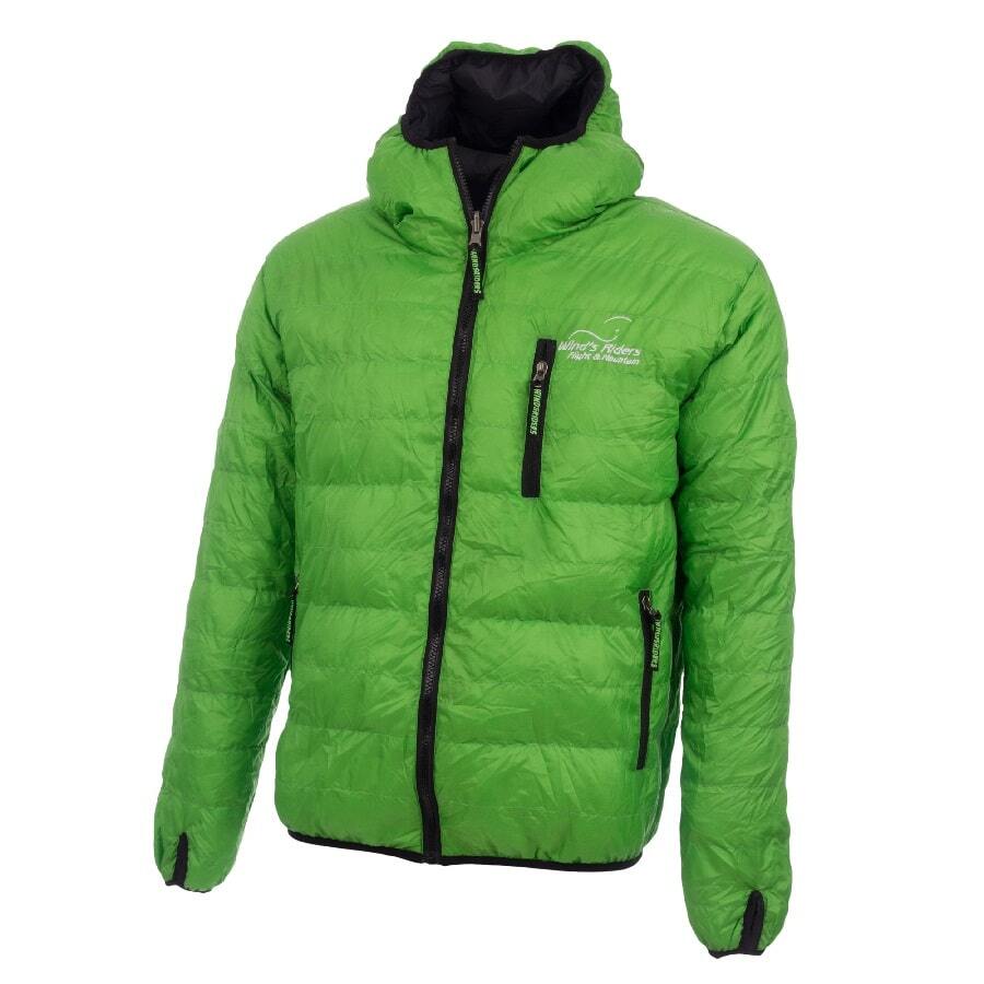 WindsRiders Race Down Jacket (700 Cuin) mit schwarzen Reißverschlüssen, ideal für Gleitschirmfliegen. Wärmespeichernd und winddicht, ohne Kapuze, mit längeren Ärmeln und Daumenschlaufen.