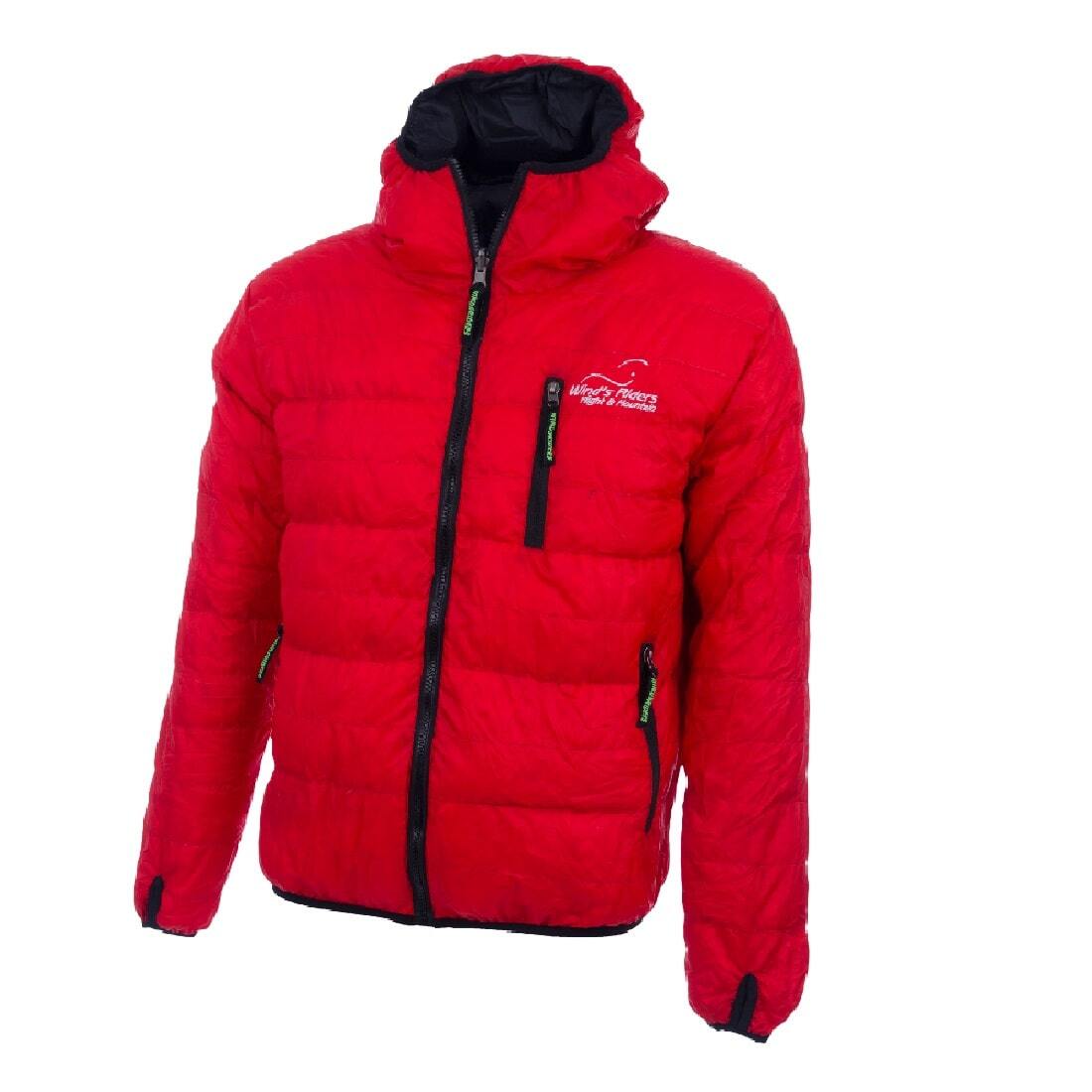 WindsRiders Race Down Jacket (700 Cuin) mit schwarzen Reißverschlüssen, ideal für Gleitschirmfliegen. Wärmespeichernd und winddicht, ohne Kapuze, mit längeren Ärmeln und Daumenschlaufen.