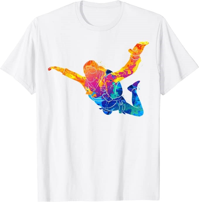 Skydiving T-Shirt Skydiver mit bunter Silhouette eines springenden Menschen, ideal für Extremsportler und Skydiving-Enthusiasten, klassisch geschnitten aus 100% Baumwolle.