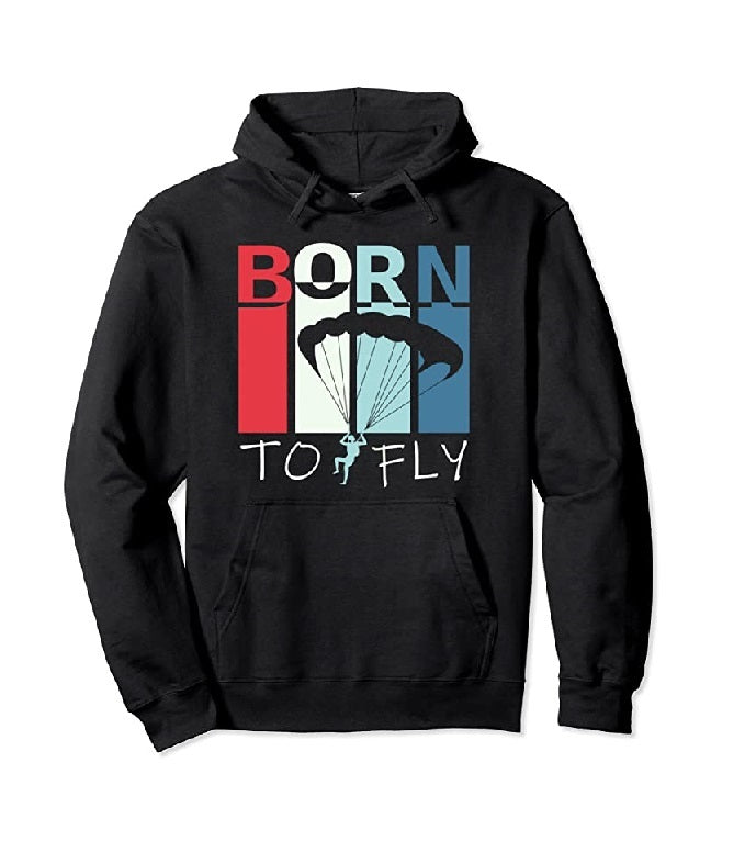 Paragliding Hoodie Born to Fly mit Gleitschirm-Motiv und Text, ideal für Gleitschirmflieger. Hochwertige Verarbeitung, perfekt für Paragliding-Enthusiasten.