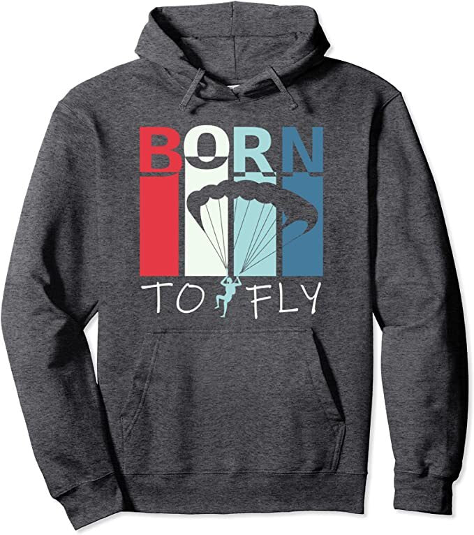 Paragliding Hoodie Born to Fly mit Gleitschirm-Motiv und Text, ideal für Gleitschirmflieger. Hochwertige Verarbeitung, perfekt für Paragliding-Enthusiasten.