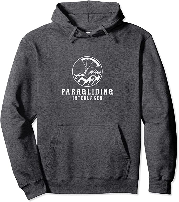 Paragliding Hoodie Interlaken mit weißem Text und Fallschirm-Logo, ideal für Gleitschirmflieger, hochwertige Verarbeitung mit Kapuze, perfekt für Flugbegeisterte.