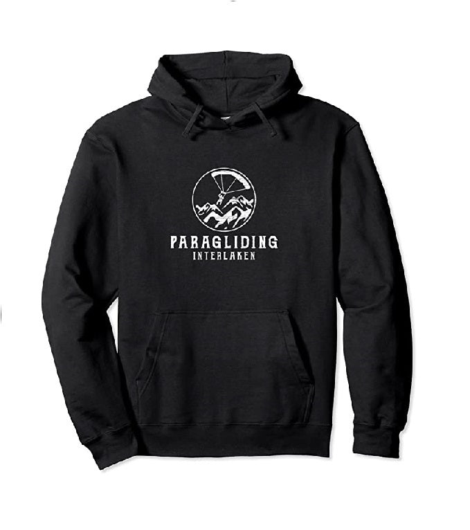 Paragliding Hoodie Interlaken mit weißem Text und Fallschirm-Logo, ideal für Gleitschirmflieger, hochwertige Verarbeitung mit Kapuze, perfekt für Flugbegeisterte.