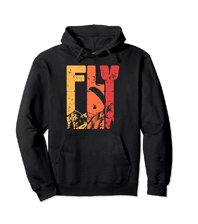 Schwarzer Paragliding Hoodie Fly mit rotem und gelbem Logo, ideal für Gleitschirmflieger; hochwertige Materialien, perfekt für Männer und Frauen.