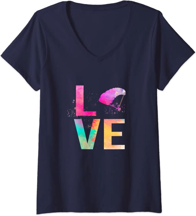 Paragliding T-Shirt Love V-Neck Damen, schwarzes Shirt mit buntem Textdesign, ideal für Gleitschirmfliegerinnen. Hochwertig und perfekt für Flugbegeisterte.