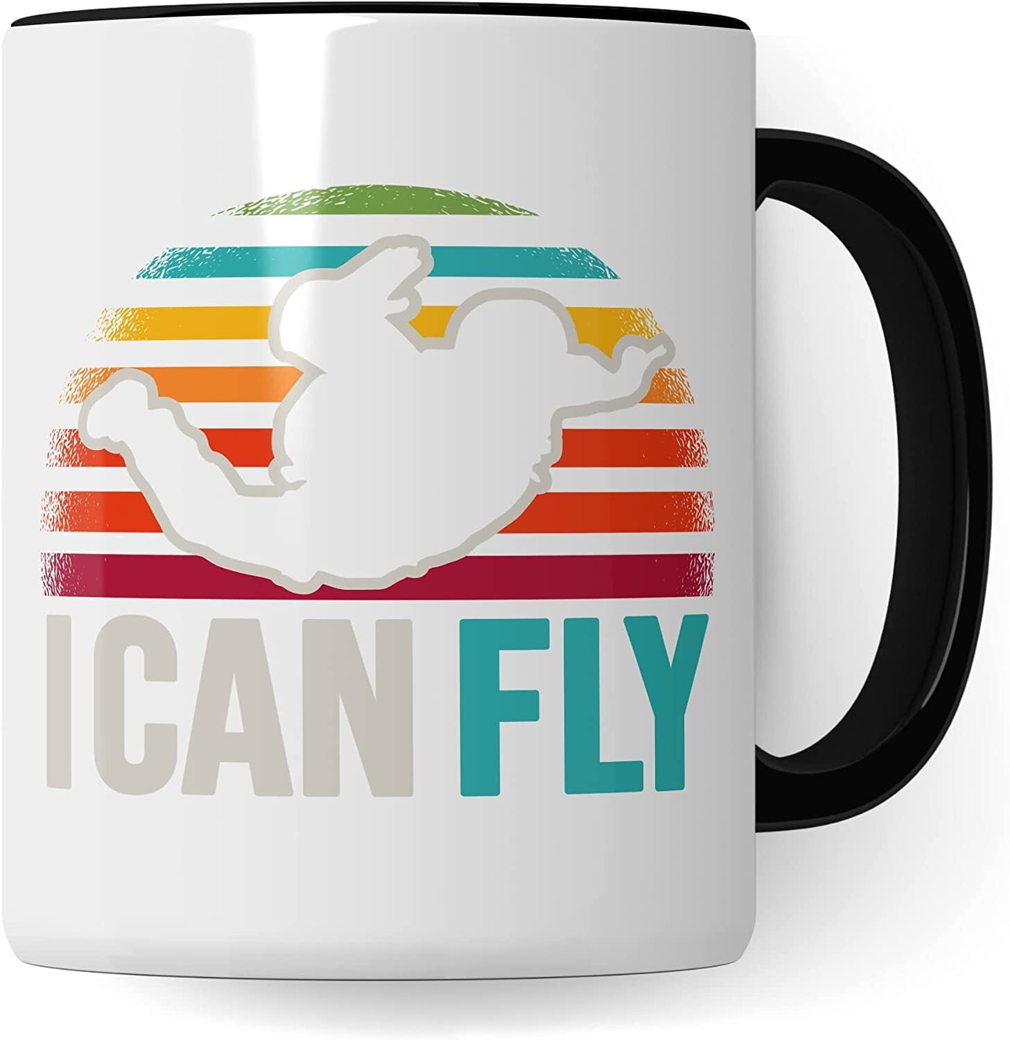 Gleitschirm Kaffee Tasse I Can Fly mit schwarzem Henkel und Paragliding-Motiv, ideal für Paragliding-Fans. Perfekt für Büro oder Frühstück.