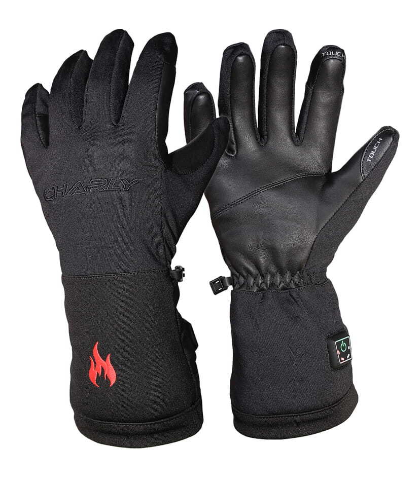 Charly Polarheat Light Heizhandschuh: Schwarze, beheizbare Handschuhe mit robustem Ziegenleder, ideal für Gleitschirmfliegen im Frühling. Zeigt Detailansicht der Handschuhe und Heizsystem.