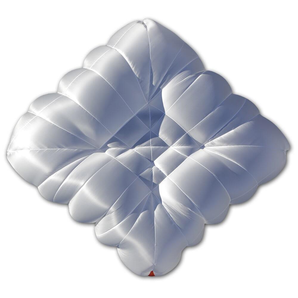 Charly TargetCross Basic Light Notschirm mit weißer Kreuzkappe und rotem Griff, bekannt für leichte Handhabung und innovative Sicherheitsmerkmale. Ideal für Paragliding-Enthusiasten.