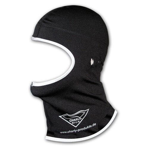 Gleitschirm Sturmhaube Neopren/Fleece, schwarze Skimaske mit weißem Logo, funktioneller Schnitt, weiche Fleece-Innenseite, ideal für Paragliding-Enthusiasten von Paragliding24.ch.