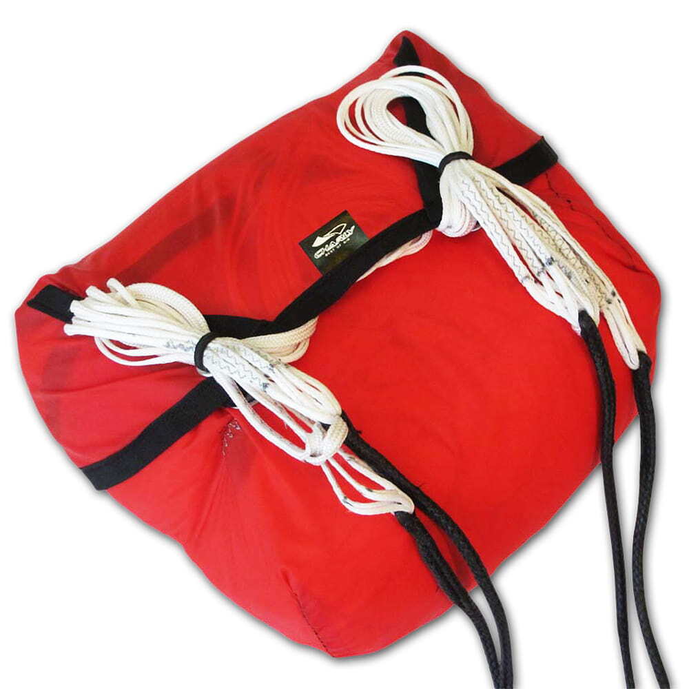 Charly Front Innencontainer für Notschirme mit weißen Seilen, optimiert für Gleitschirm-Gurtzeuge, bietet sicheren Fangleinenbereich und langlebige Verschlussgummis für kontrollierte Notfallauslösung.